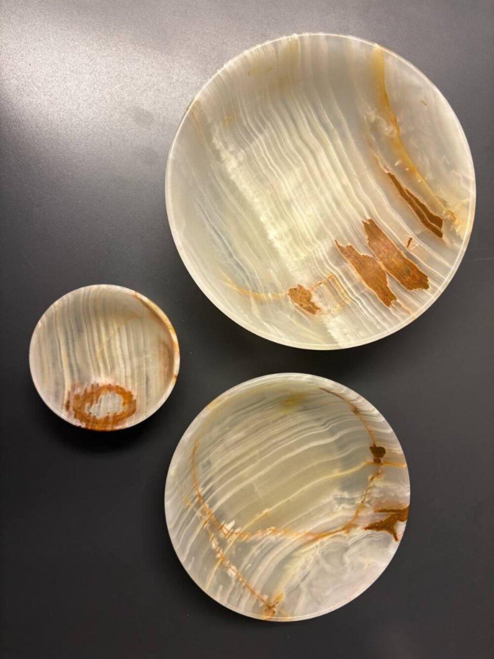 Set of 3 Handcrafted Natural White Onyx Decorative Bowls (6”, 4.75”, 2.75”)